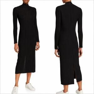 VINCE Mixed Rib Knit Long Sleeve Midi Turtleneck Fitted Maxi Mock Neck Black